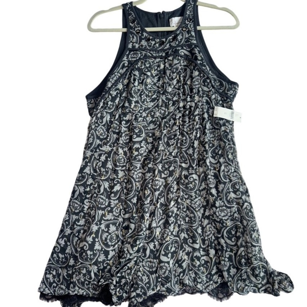 Anthropologie Maeve Boho Paisley Print Mini Romper XS Black Lace Trim Sleeveless